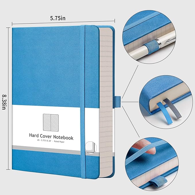 AHGXG Thick Journal Lined Notebook - 320 Numbered Pages A5 Notebook College Ruled Journal for Writing, 100gsm Lined Paper, Leather Hardcover, for Women Men Work Office School, 5.75'' X 8.38''-Blue