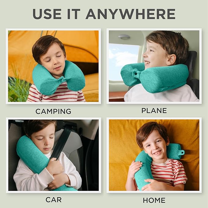 Dot&Dot Green Twist Memory Foam Kids Travel Pillow for Airplanes - Kids Neck Pillows for Sleeping - Airplane Pillow for Neck Support, Chin, Lumbar, Leg - Adjustable Toddler Neck Pillow