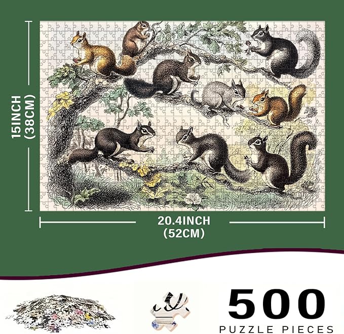 500 Piece Squirrel Wooden Puzzle Adult Jigsaw for Bar & Pub, Challenging Stress Relief Game 20.4x15 Inch