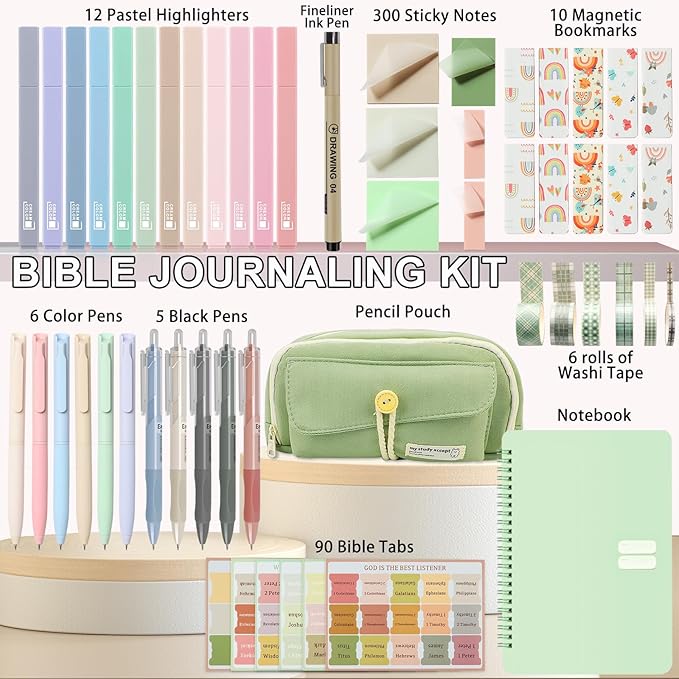54Pcs Bible Journaling Kit with Pencil Case, Bible Highlighters and Pens with Tabs, Notebook, Bible Study Supplies Journel Essentials Accessories Tools for Women,Back to School Gift (Green)