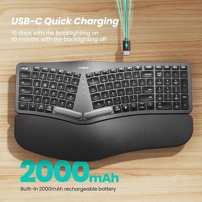 Nulea RT05 Wireless Ergonomic Keyboard, Split Keyboard with Wrist Rest, USB-C Charging, 7-Color Backlight, Natural Typing, Bluetooth and USB Connectivity, Compatible with Windows,Mac