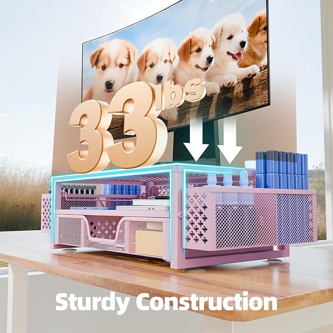 Simple Trending 2 Tier Metal Monitor Stand Monitor riser and Computer Desk Organizer with Drawer and Pen Holder for Laptop, Computer, iMac, Pink