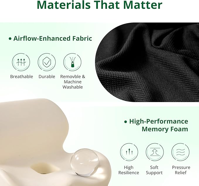 Memory Foam L-Shaped Seat Cushion with Lumbar Support & Adjustable Strap - Tailbone Pain Relief for Office Chair, Car, Home - Non-Slip Bottom, Breathable Mesh Cover (Black)