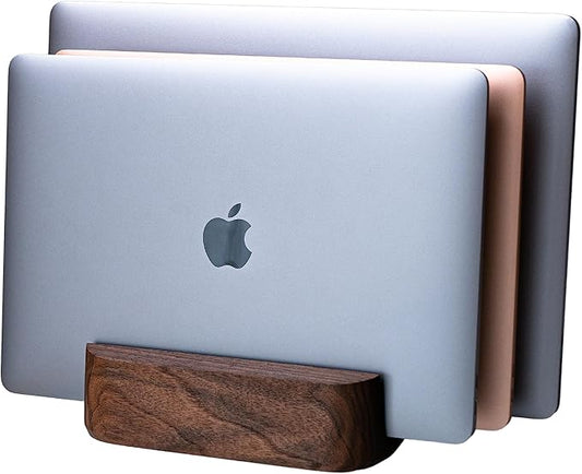 Triple Laptop Stand Vertical Laptop Holder - Vertical Laptop Stand for Desk - Laptop Holder - Handmade of Natural Wood (Triple Walnut)