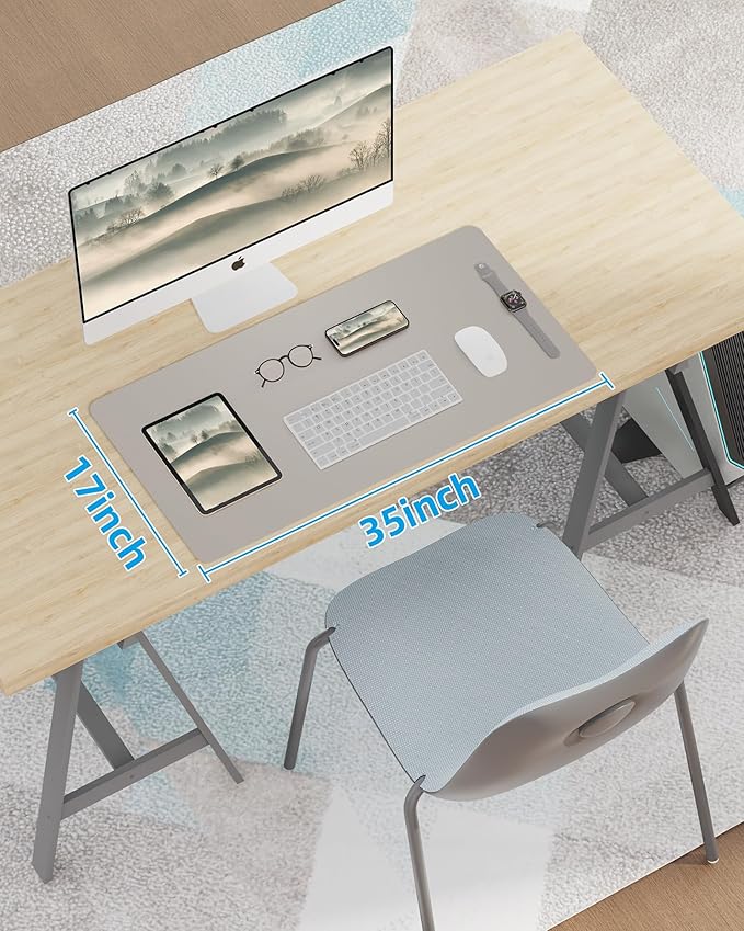 Leather Desk Pad Protector,Mouse Pad,Office Desk Mat, Non-SlipPU Leather Desk Blotter,Desk matt for Desktop,Waterproof Keyboard mat for Office/Home/Decor (Light Grye,31.5" x 15.7”