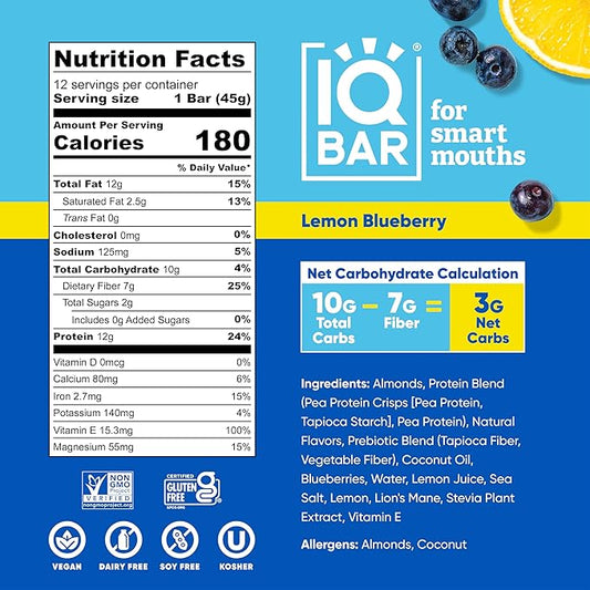 IQBAR Brain and Body Plant Protein Bars - Lemon Blueberry - 36-Count Low Carb - Gluten Free, High Fiber, Vegan Snacks - Low Sugar Meal Replacement