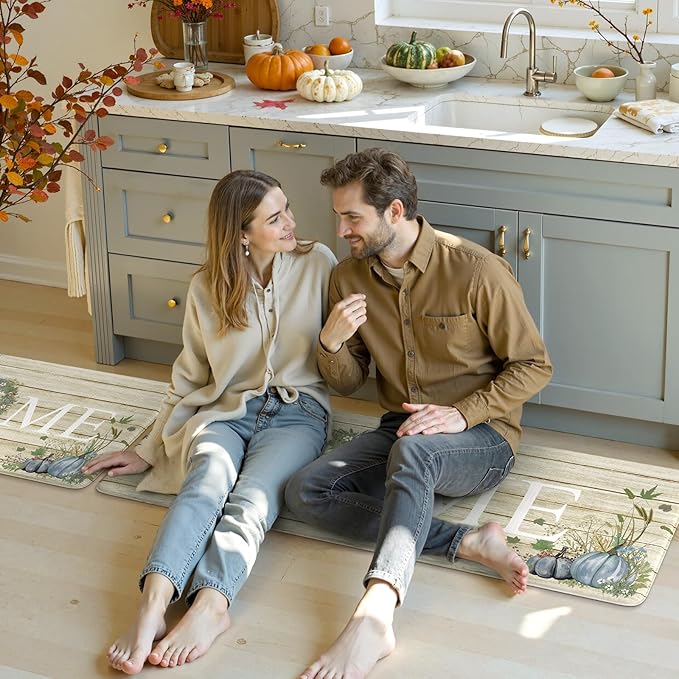 KIMODE Anti Fatigue Pumpkin Kitchen Mat for Floor,Halloween Fall Kitchen Rugs Sets of 2, Autumn Farmhouse Kitchen Rugs Non Slip,Cushioned Kitchen Floor Mat for Floor Sink, Laundry, Office,Home Blue