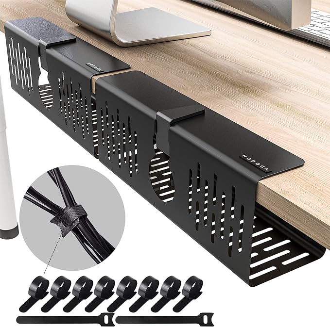 NODOCA No Drill Under Desk Cable Management Tray, 14'' Wire Management, Punch-Free Clamp on, Metal Cable Tray, Wire Organizer Under Desk, Under Desk Basket for Office and Home, Black(2 Packs)