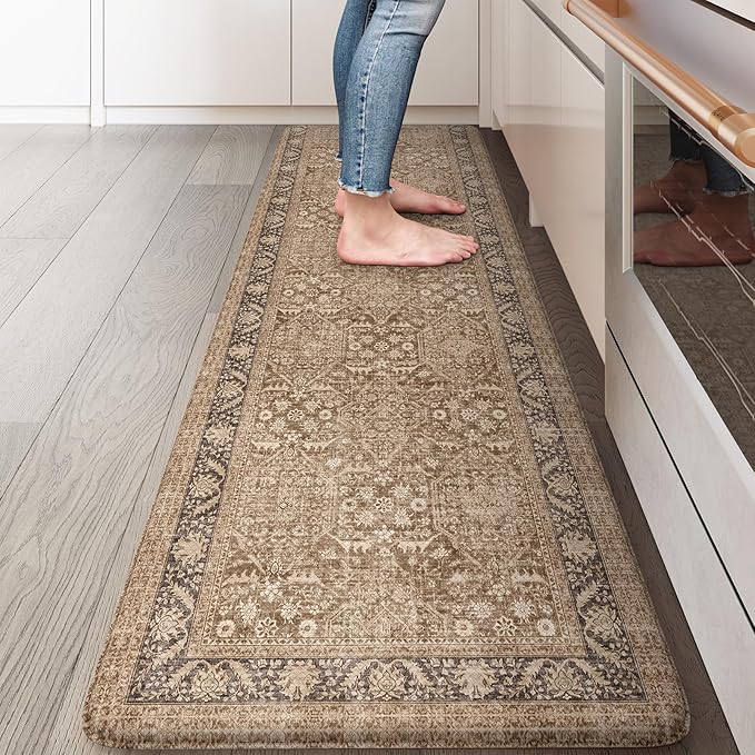 KIMODE Anti Fatigue Kitchen Mat, Cushioned Boho Kitchen Runner, Non Slip Memory Foam Kitchen Mat for Floor, Waterproof Standing Desk Mat for Laundry, Office, Sink Brown 17.3"x59"