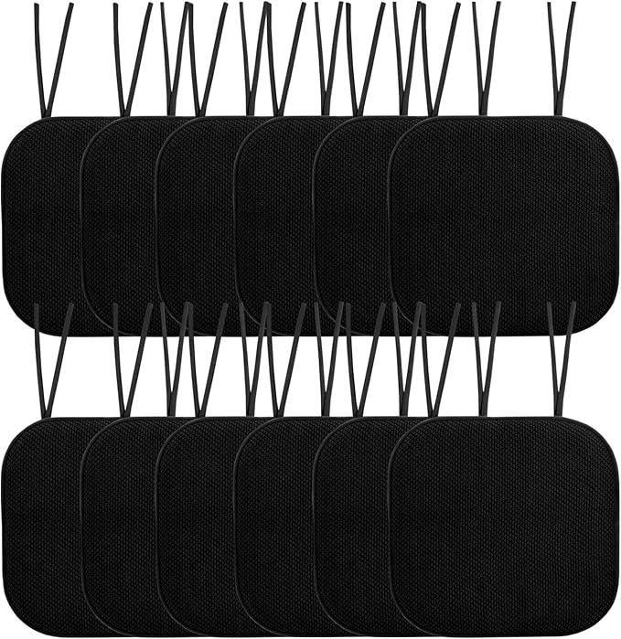 Sweet Home Collection Chair Cushion Memory Foam Pads with Ties Honeycomb Pattern Slip Non Skid Rubber Back Rounded Square 16" x 16" Seat Cover, 12 Pack, Black 12 Pack