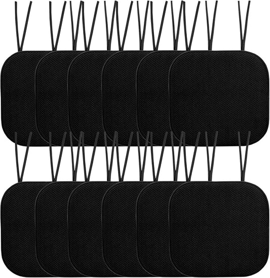 Sweet Home Collection Chair Cushion Memory Foam Pads with Ties Honeycomb Pattern Slip Non Skid Rubber Back Rounded Square 16" x 16" Seat Cover, 12 Pack, Black 12 Pack