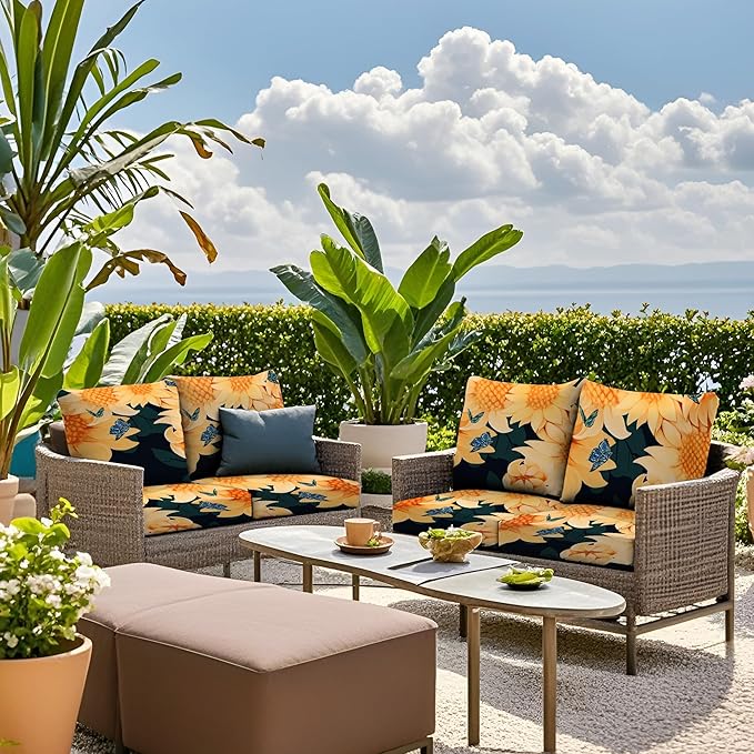 8Pcs Stretch Patio Cushion Covers Waterproof Outdoor Cushion Covers Patio Couch Cover Slipcovers, for Outdoor Furniture Protector Covers Replacement(Cover Only) (Sunflower)