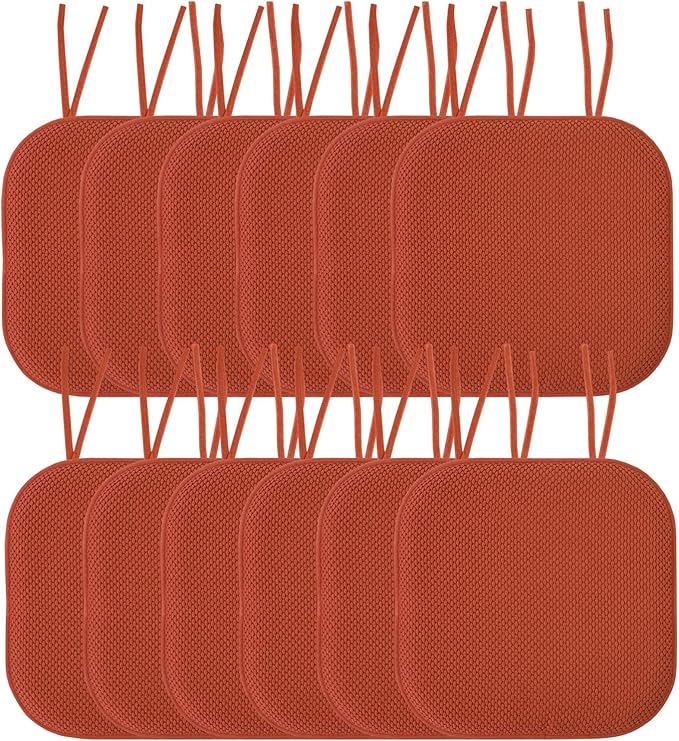 Sweet Home Collection Chair Cushion Memory Foam Pads with Ties Honeycomb Pattern Slip Non Skid Rubber Back Rounded Square 16" x 16" Seat Cover, 12 Pack, Rust