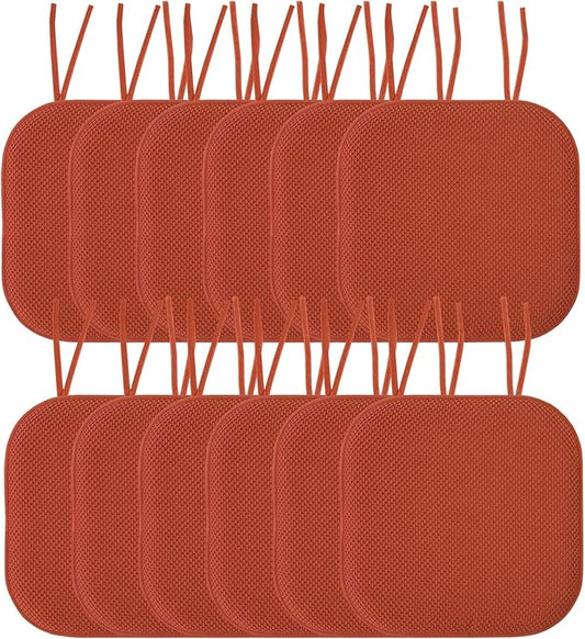 Sweet Home Collection Chair Cushion Memory Foam Pads with Ties Honeycomb Pattern Slip Non Skid Rubber Back Rounded Square 16" x 16" Seat Cover, 12 Pack, Rust