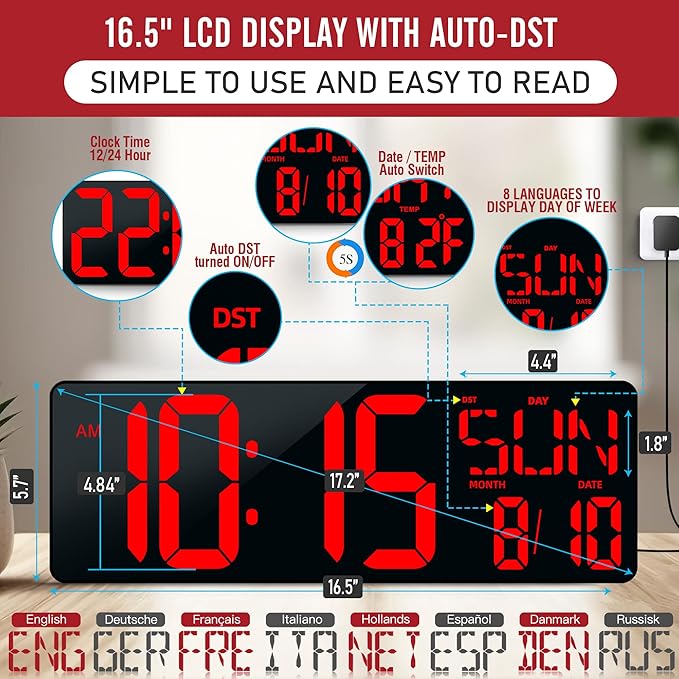 TXL16.5 Digital Wall Clock Large Display, LED Wall Clock with Date and Temperature,Count Up/Down Timer Clock with Remote Control, Adjustable Brightness Alarm Clock for Home, Office, Gym, Elderly
