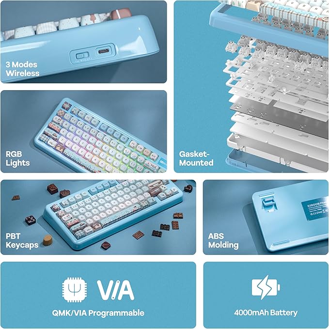 KiiBoom Phantom81 Lite 75% Gasket Mechanical Keyboard, QMK&VIA Programmable, 3 Modes Wireless Gaming Keyboard, RGB Backlights, ABS Case + UV Tech, Hot-Swappable for Windows/Mac/Linux (Blue)