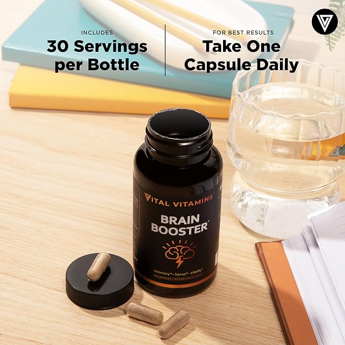 Vital Vitamins Brain Supplements for Memory and Focus (2-Pack)– Nootropic Brain Booster with Ginkgo Biloba, Rhodiola, B12 – Caffeine-Free Support for Adults & Seniors – 60-Day Supply