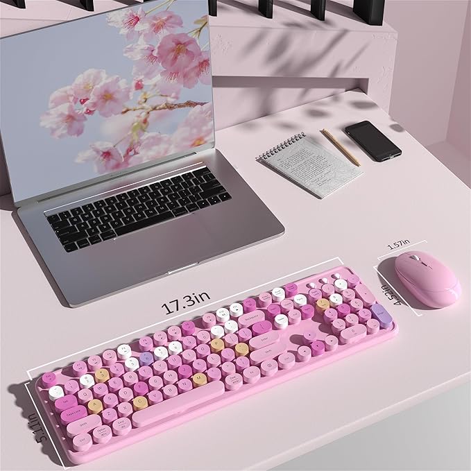 Colorful Wireless Keyboard and Mouse Combo, COVEVA 2.4GHz Wireless Retro Cute Round Keycaps Keyboard, 104 Keys Full-Sized Keyboard Mouse Set with Switch Button for PC Laptop Desktop (Pink Colorful)