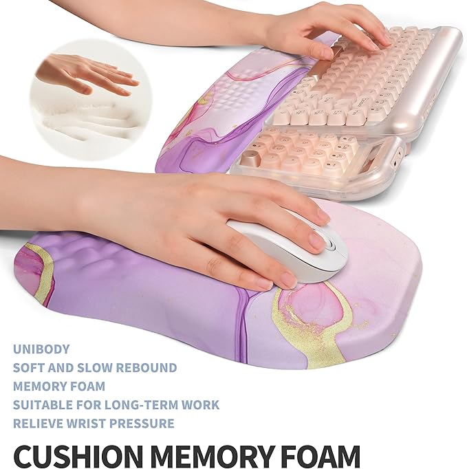 2-in-1 Ergonomic Set, Wave Keyboard Wrist Rest and Massage Slope Mouse Pad Wrist Support, Rebound Memory Foam for Relieve Carpal Tunnel Syndrome and Wrist Pain (Pink Purple Marble)