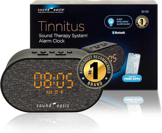 Sound Oasis® Bluetooth Tinnitus Sound Therapy System® Alarm Clock - Sleep Better, Manage and Mask Tinnitus, 30 Built-in Sounds for Tinnitus Relief, Sleep-Friendly Lighting, Travel Friendly (BST-150T)