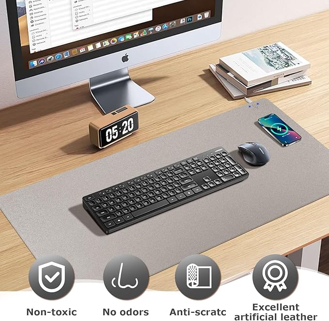 Wireless Charging Mouse Pad Firelison 2 in 1 Leather Multifunctional Office Desk Pad with Non-Slip Rubber Base, Waterproof Desk pad for Computers/Office/Work/Home/Decor（ 32" x 16"Grey - R）