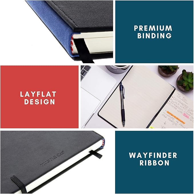 HUSTLE Co. Thick Hardcover Journal Notebook - Ruled/Lined A5 (5x8 inch), Deluxe 120gsm Paper, Lays Flat for Writing, Professional Notebooks for Work, Business, Office, Executive - Men & Women - Black