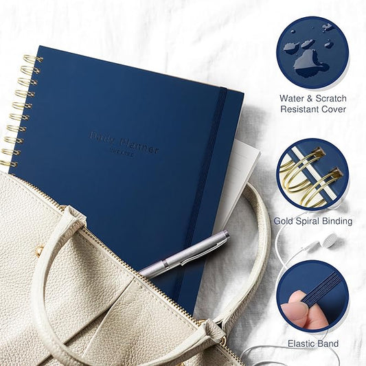 Undated Daily Planner To Do List Hourly Schedule 2027 2026 2025 Calendar & Holiday Habit Tracker 180 Pages Letter Size 8.5" x 11" Sheets Hardcover Spiral Bound Notebook (Navy Blue)