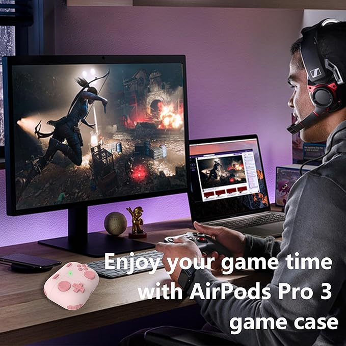 for AirPods Pro 3 Case(2025) DamonLight Game Case Shock-Proof Protective Silicone with Cleaning Pen and Keychain Accessories for Apple Airpods Pro 3rd Generation (Pink)