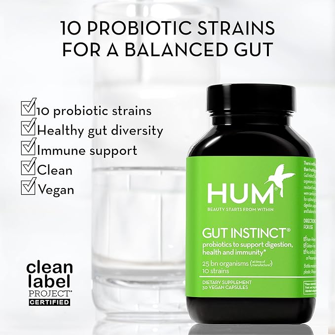 HUM Gut Instinct Daily Probiotics for Women and Men, Digestive Health, Lactobacillus, Bifidobacterium Strains for Immune Support, Probiotic Supplement for Healthy Gut Diversity, 90 Capsules