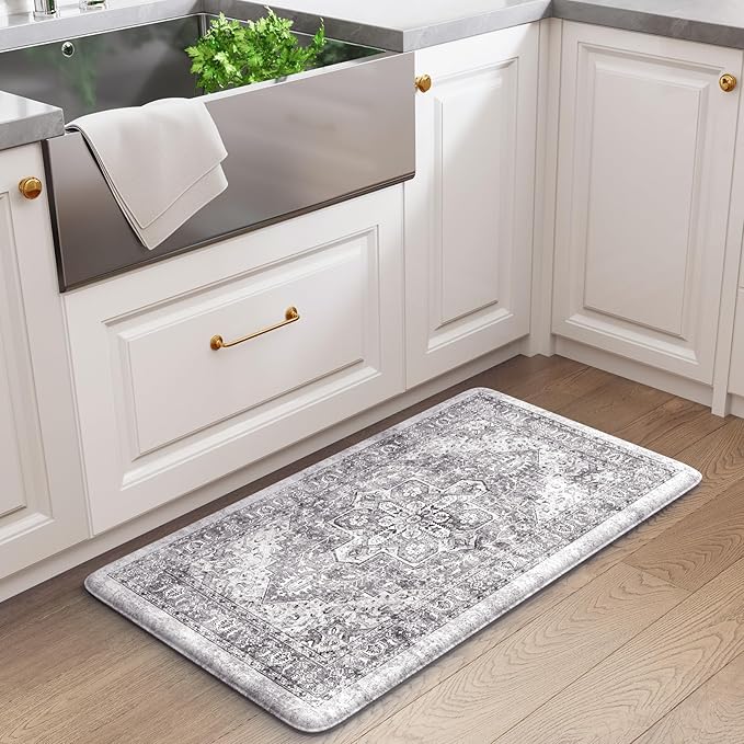 KIMODE Kitchen Mats Cushioned Anti Fatigue 17"x29", Boho Oriental Kitchen Rug, Non Slip Kitchen Mats for Floor, Comfort Padded Kitchen Floor Mat for Sink, Laundry, Office, Desk Grey Brown