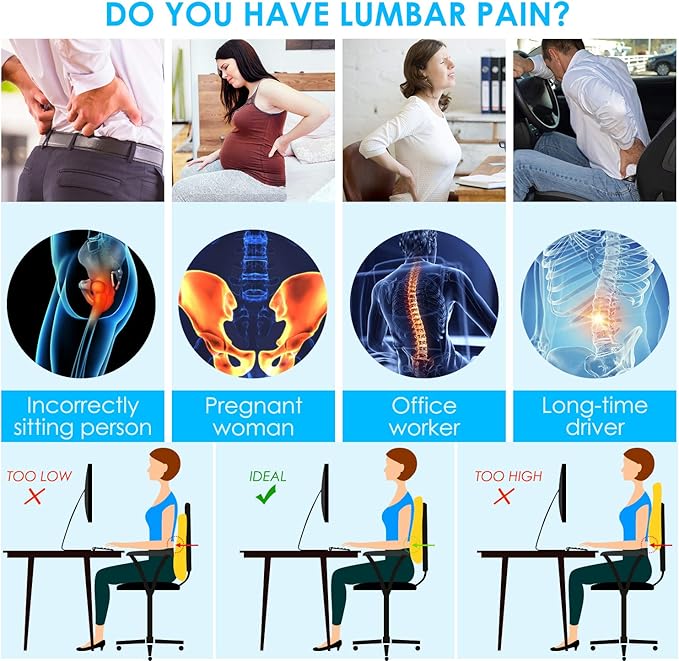 Lumbar Support Pillow for Office Chair Car Back Support Pillow, Memory Foam Gaming Chair Desk Chair Back Cushion for Lower Back Pain Relief, Ergonomic Back Rest with Double Adjustable Straps