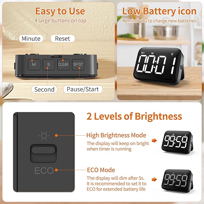 VOCOO Magnetic Kitchen Timer for Cooking with Count Up Countdown, Digital Timer Battery Powered with Large Display, 2 Brightness and Volume Levels for Classroom, Teacher, Kids (Dark Black)