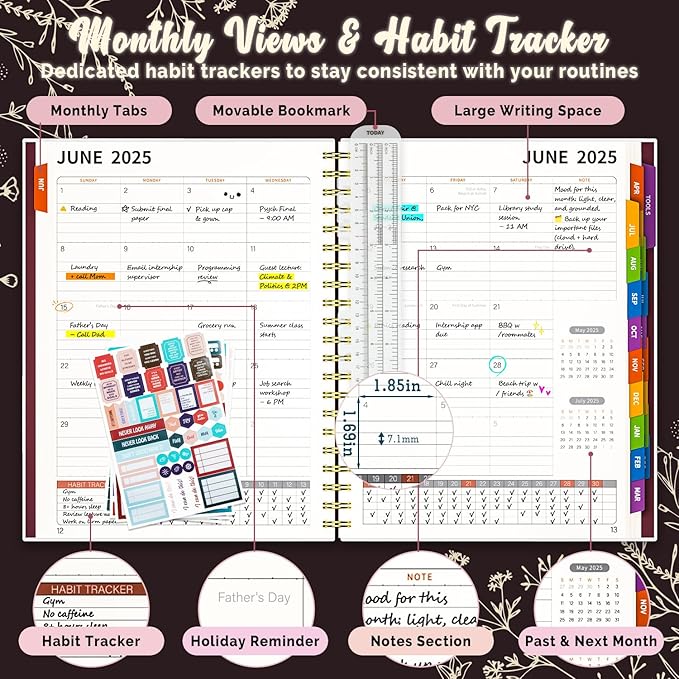 Jun 2025-Dec 2026 Academic Monthly Weekly Daily Planner for School, 19 Months Calendar 25-26 Planning Book with Colorful Tabs, 8.5" x 11" Mid Year College Organizer for Student Teacher (Bordeaux)