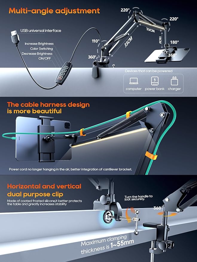 Tablet Clamp (Black with Light, Clamp for Board)