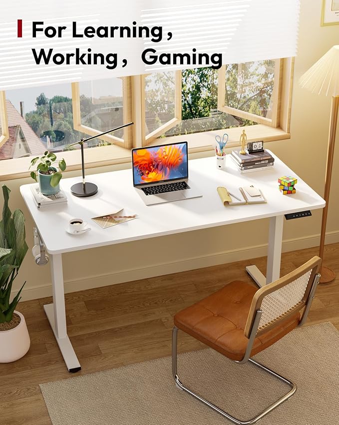 SANODESK Electric Standing Desk 55 x 28 Inches Whole-Piece Desktop Height Adjustable Stand Up Desk w/6-Button Controller Ergonomic Computer Desk for Home Office, White Frame + White Tabletop