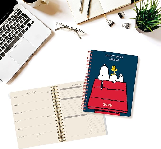 Graphique 2026 Spiral Frosted Cover Planner | 18 Month Organizer July 2025 - Dec. 2026 | Weekly & Monthly Spreads | To-Do & Note List | Reference Tabs | Reminder Stickers | Snoopy on House | 8” x 10”