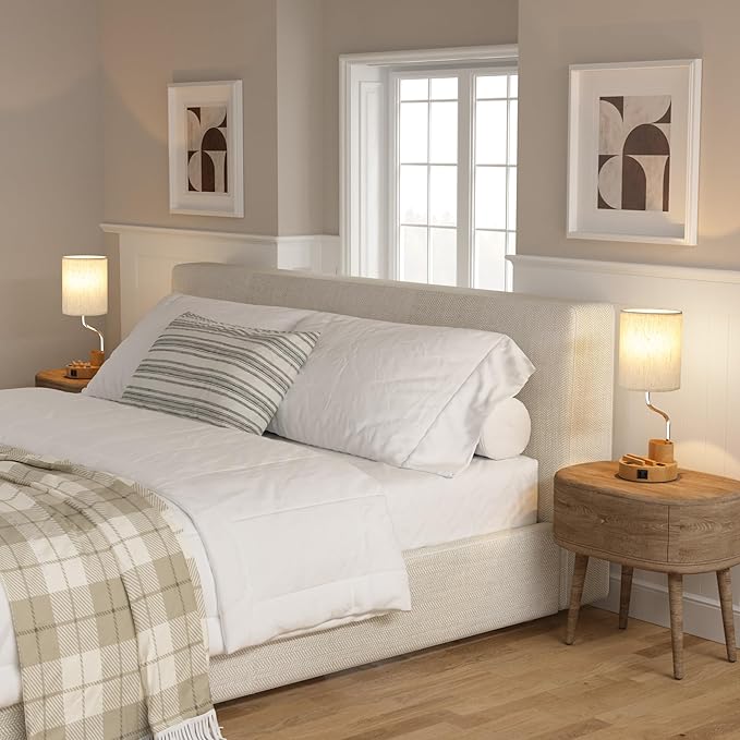 Bedside Table Lamps for Bedroom Set of 2 - Nightstand Light with AC Outlet and USB A & C for Charging, 3 Color Temperatures Wood Desk Lamp with Pen Holder & Phone Stand for Living Room/Dorm/Office