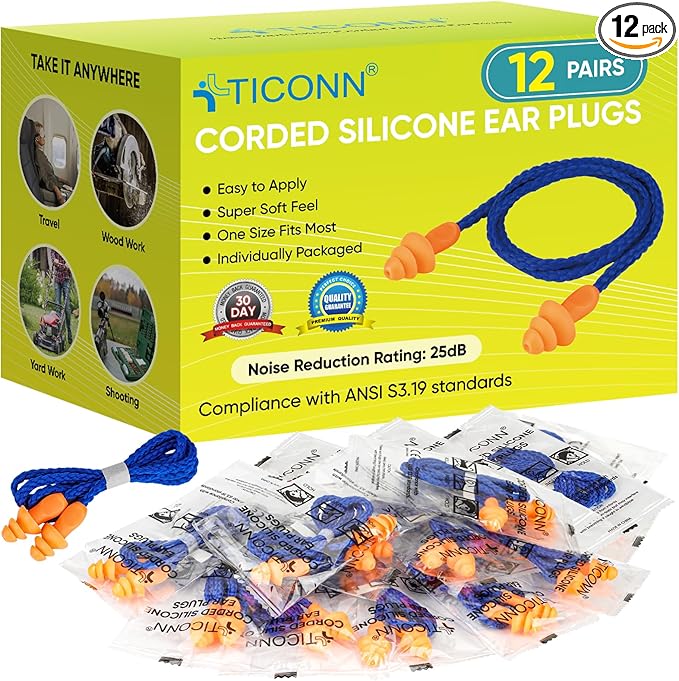 TICONN 12 Pairs Reusable Silicone Ear Plugs for Sleeping Noise Cancelling, 25dB NRR Corded Earplugs for Study Concentration Travel (12 Pairs)
