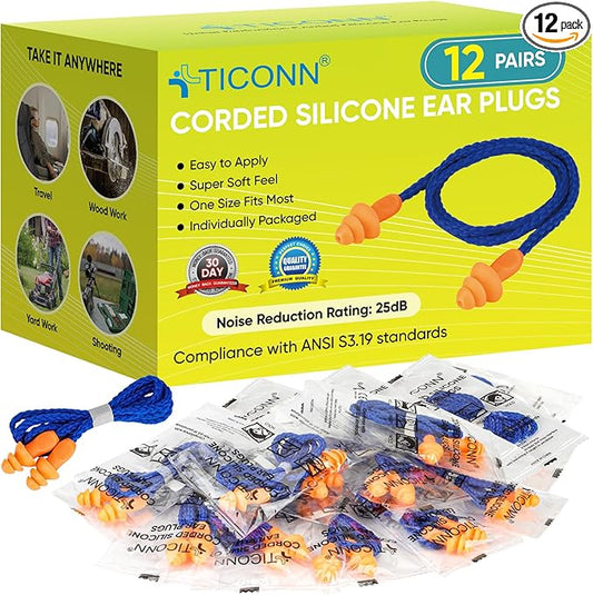 TICONN 12 Pairs Reusable Silicone Ear Plugs for Sleeping Noise Cancelling, 25dB NRR Corded Earplugs for Study Concentration Travel (12 Pairs)