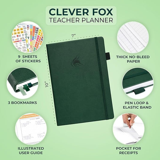 Clever Fox Teacher Planner – School Year Planner with Calendars & Lesson Plans – Teacher Plan Book for Classroom & Homeschool Organization - Undated, 7x10″, Hardcover (Dark Green)
