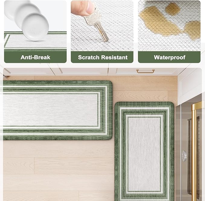 KIMODE Kitchen Mats Cushioned Anti Fatigue, Farmhouse Christmas Kitchen Rugs Sets of 2, Non Slip Kitchen Mats for Floor, Comfort Kitchen Floor Mats for Sink Laundry Desk 17"x47"+17"x29" Green
