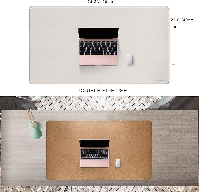 MAIDERN 40”x 24” Leather Desk Pad, Reversible Large Desk Mat, Cork & Leather Large Mouse pad for Desk, Waterproof Computer Desk Pad for Gaming Home Office (Cream)