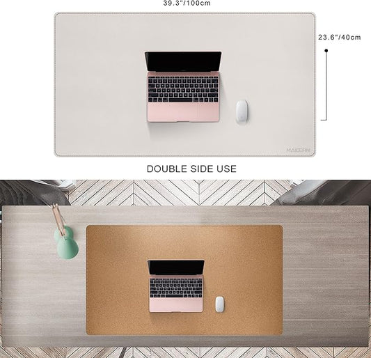 MAIDERN 40”x 24” Leather Desk Pad, Reversible Large Desk Mat, Cork & Leather Large Mouse pad for Desk, Waterproof Computer Desk Pad for Gaming Home Office (Cream)