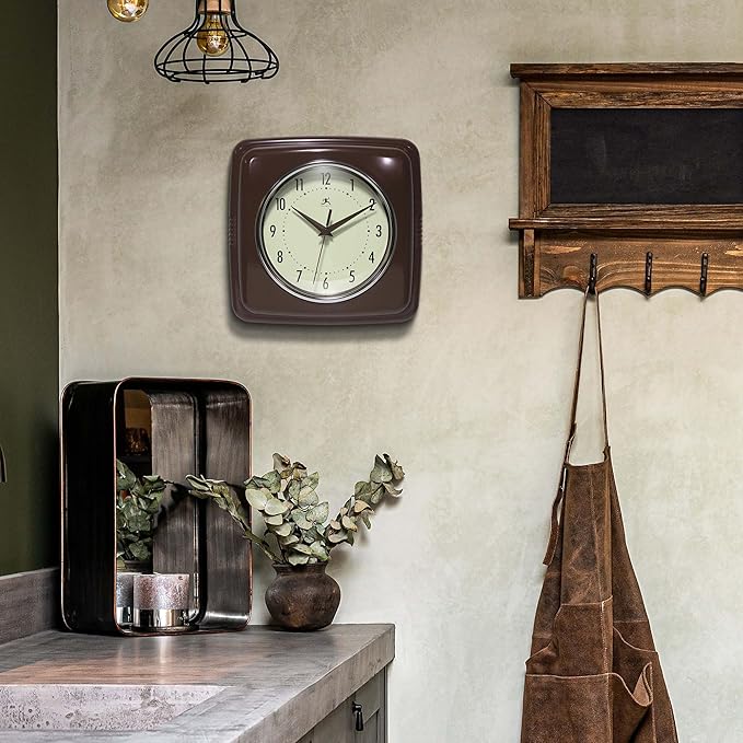 Infinity Instruments Square Retro Wall Clock, Mahogany, 9.25"