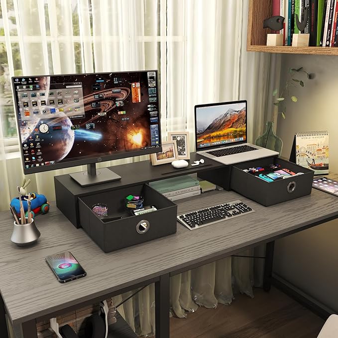 WESTREE Dual Monitor Stand Riser with Two Drawers, Extra Large Storage Monitor Stand for 2 Monitors, Desktop Oraganizer Stand for Computer,Laptop,Screen,Printer,TV