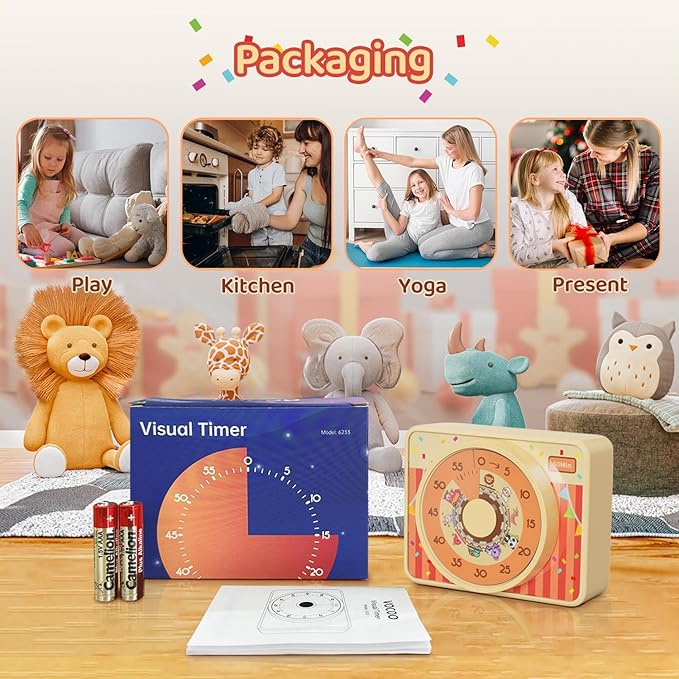 VOCOO Kids Visual Timer for Classroom - 60-Minute Countdown for Kitchen Cooking Office, Strong Magnet, Silent Time Management Tool, 2 AAA Batteries Included, Cute Animal Pattern (Orange)