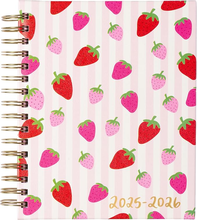 2025-2026 Eccolo Spiral Agenda Planner, Strawberries, Weekly & Monthly Pages, 18 Months, Sticker Sheets, Inspirational Quotes (7.75 x 8.75, July 2025 - Dec 2026)
