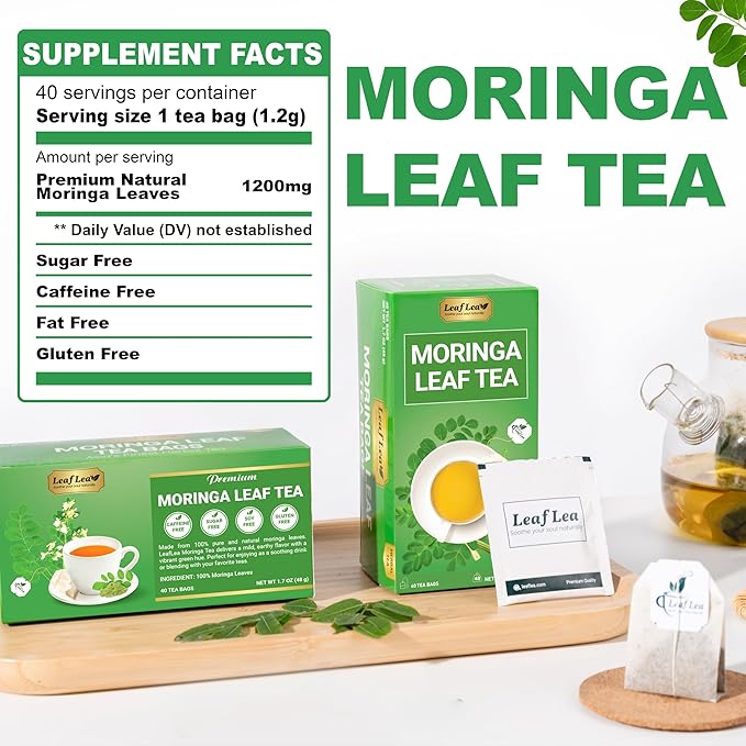 LeafLea Moringa Tea, 120 Fresh-Sealed Tea Bags, Premium Herbal Blend from 100% Natural Moringa Leaves, Supports Digestion & Immune Health, Caffeine-Free, Sugar-Free, Vegan, Non-GMO