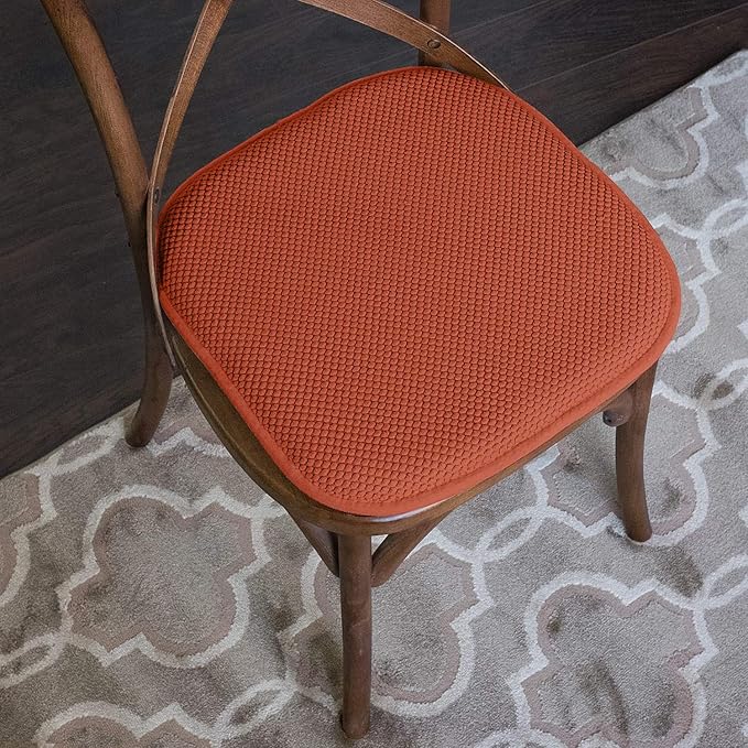 Sweet Home Collection Chair Cushion Memory Foam Pads Honeycomb Pattern Slip Non Skid Rubber Back Rounded Square 16" x 16" Seat Cover, 12 Pack, Rust