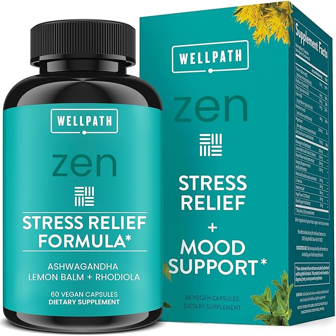 WellPath Zen Stress Relief Supplement + Mood Support | Calm, Stress & Energy Support | Ashwagandha Root, Rhodiola Rosea, L-Theanine, Lemon Balm | Herbal Capsules, 60 Ct
